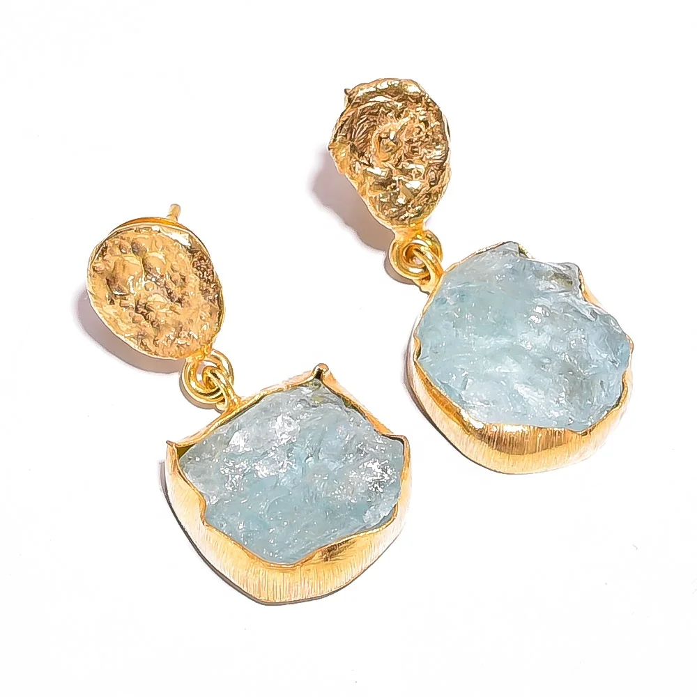 Fashion Beauty Fancy Shape Raw Aquamarine Gemstone Brass Earrings, Indian Gold Plated Brass Jewelry