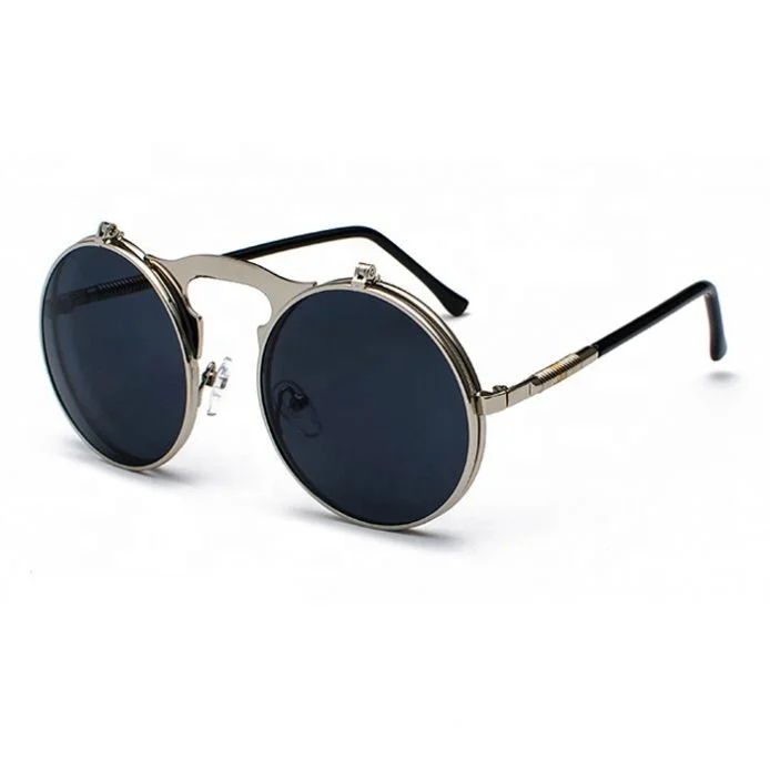 New style custom logo circle rockpunk steampunk double retro metal frame flip lens steam punk round sunglasses