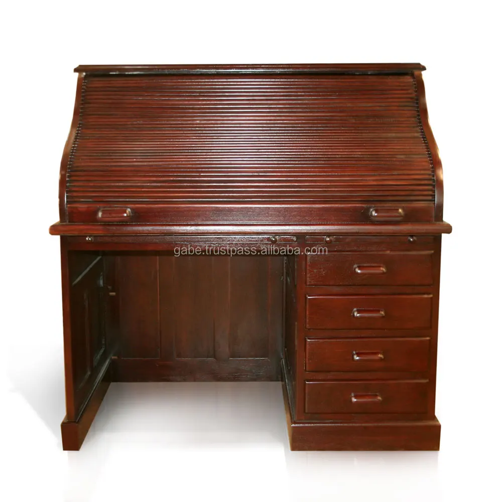 Roll top Computer desk Solid teak Wood Hand Made