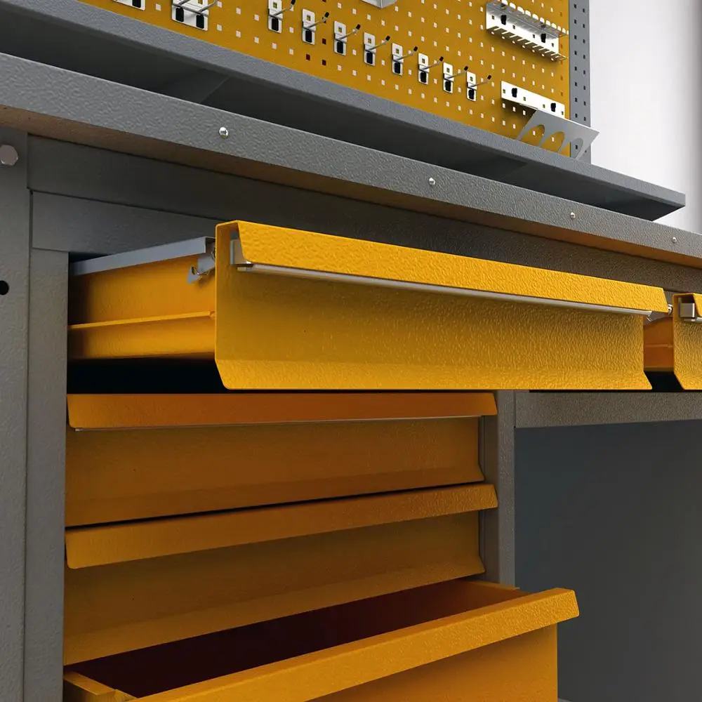 Workbench with drawers and perforated panel