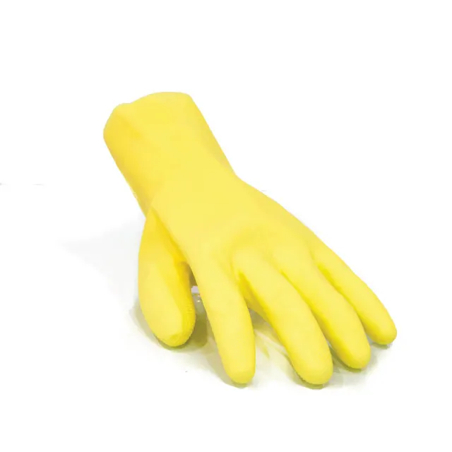 Colored latex gloves made in Malaysia yellow color 17 mil thick household janitorial glass cleaning usage kitchen utensils wash