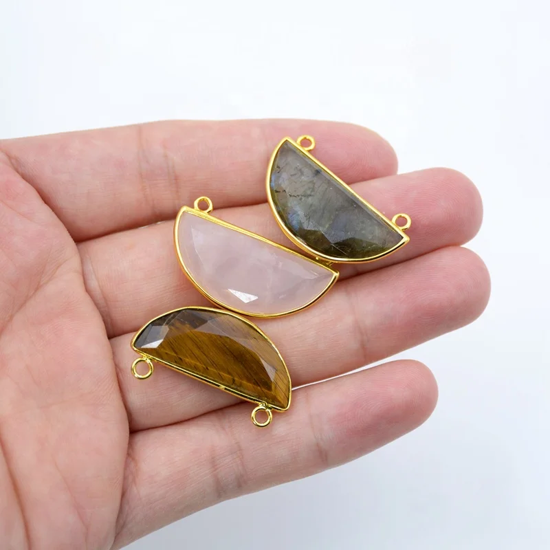 Gold bezel Pendants half round Labradorite Pendant Charms howlite fluorite rose Quartz Druzy Beads with Double Bails