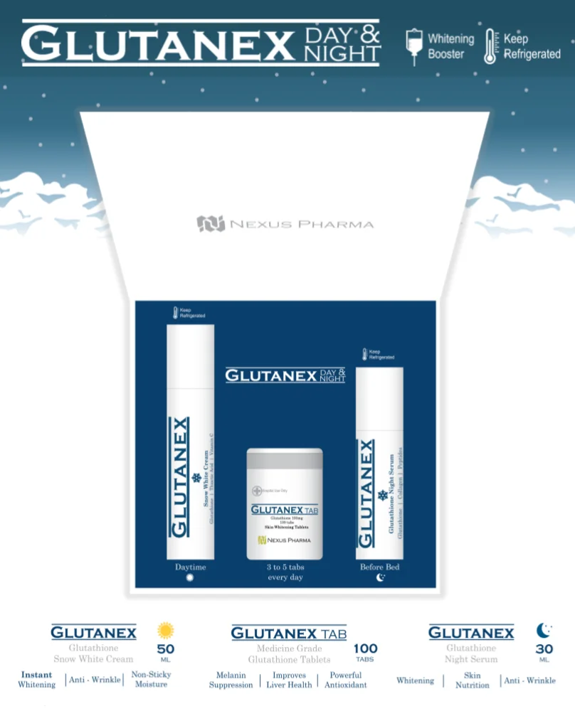 Glutanex Day & Night Kit ( Glutathione pills glutathione skin whitening cream lotion serum )