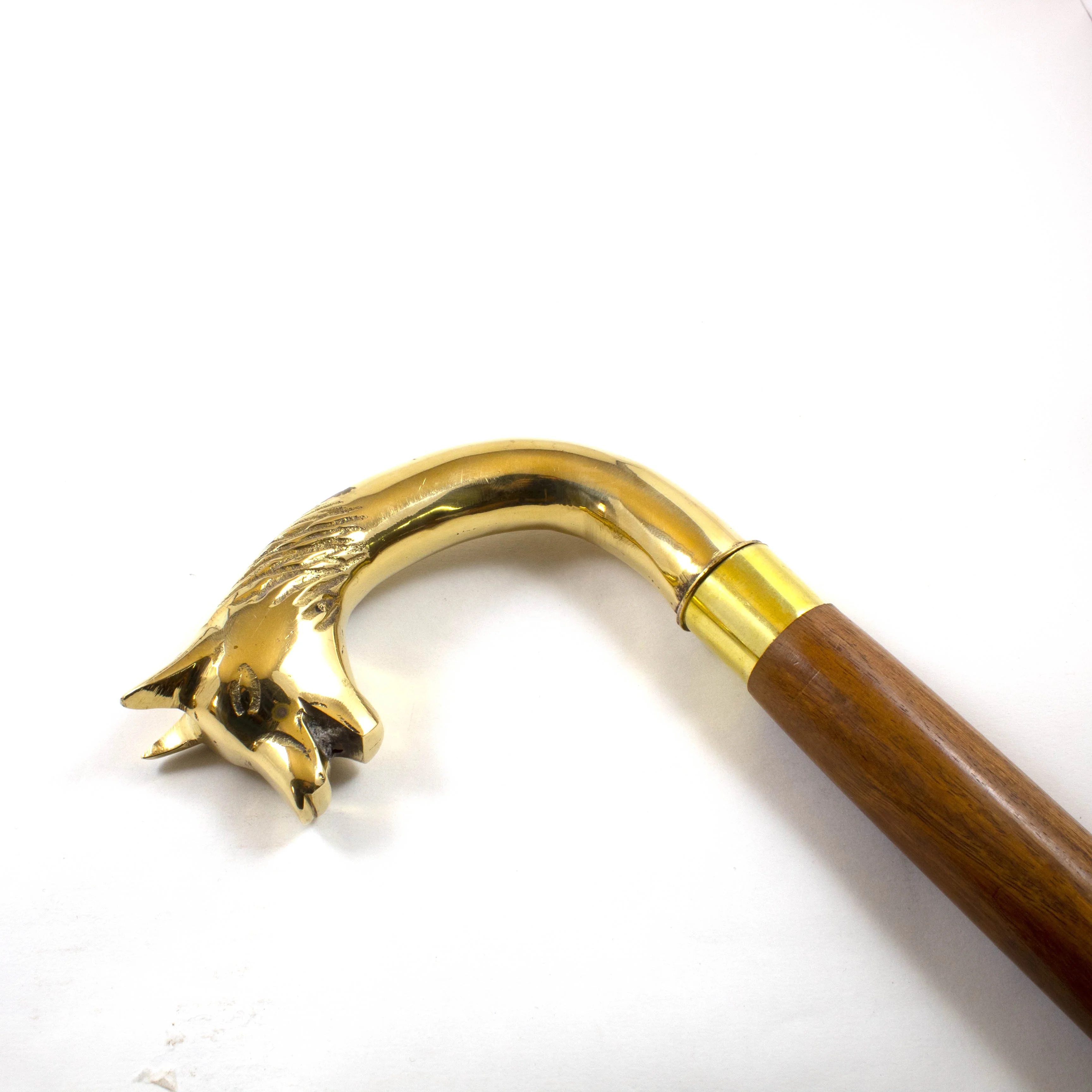 brass knob handle classic handmade carved wooden wolf walking stick polish finished old age men women daily use cane