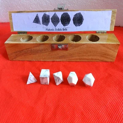 Natural gemstone Howlite Crystal Carved Sacred Geometry Hand Craved 5-Pcs Set With Wooden Box crystals healing geometry set