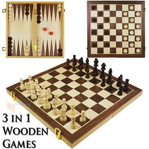 
Wooden Folding 3 in 1 Game Contemporary Chess Set Board Game Checkers Backgammon New 