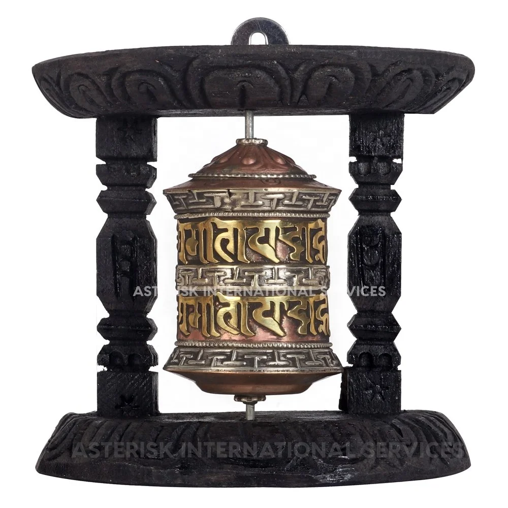 Ranjana Script Om Mani Padme Hum - Buddhist Meditation Mantra Carved Prayer Wheel in Wooden Frame - Made in Nepal