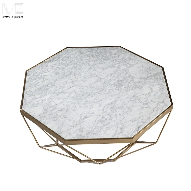 Modern Living Room Octagon Diamond Marble Top Gold Metal Frame Wired Center Coffee Table