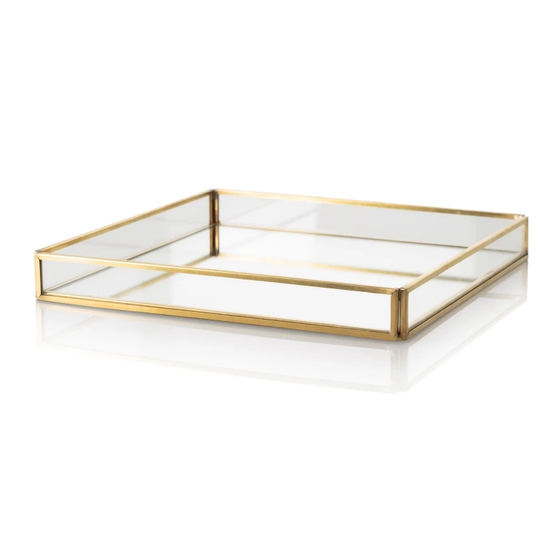 GLASS SQUARE MIRROR TRAY AND BRASS TRAY