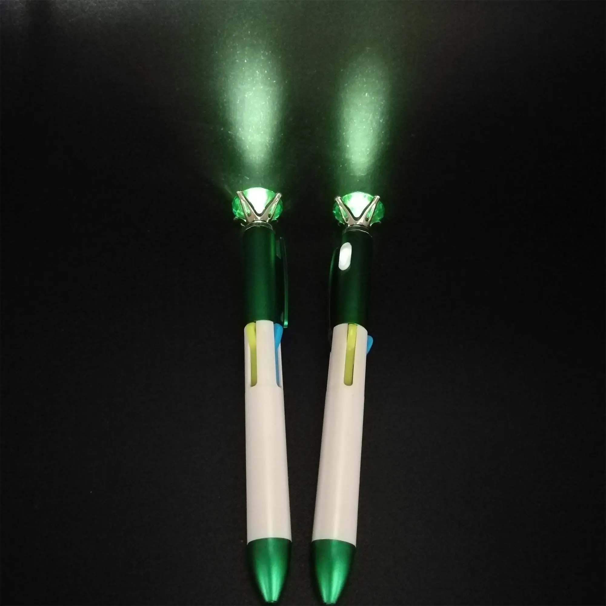 Plastic Promotional 4-color click action diamond ballpen with LED light with bling stone