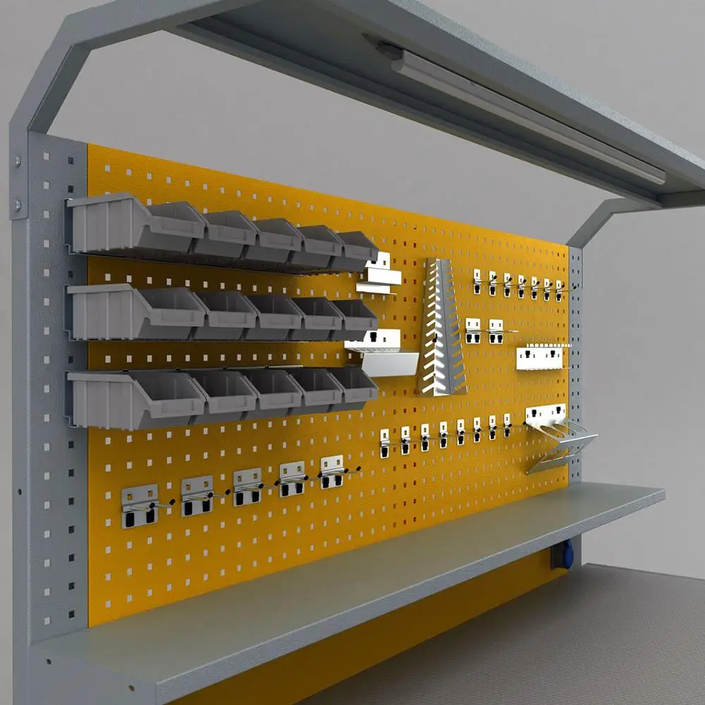 Workbench with drawers and perforated panel