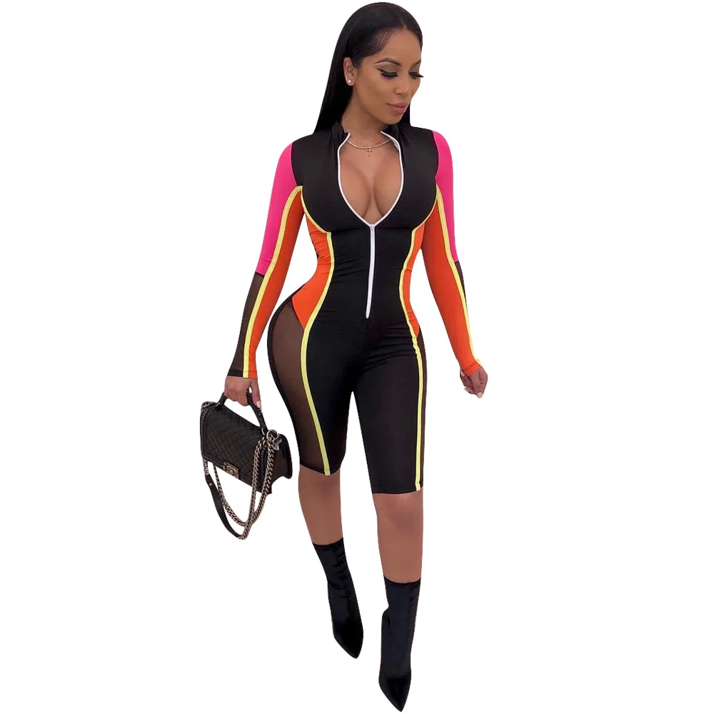 Summer Fashion Women Casual Front Zipper Up Top Short Pants Color Block Patchwork Mesh Spliced Romper Jumpsuit