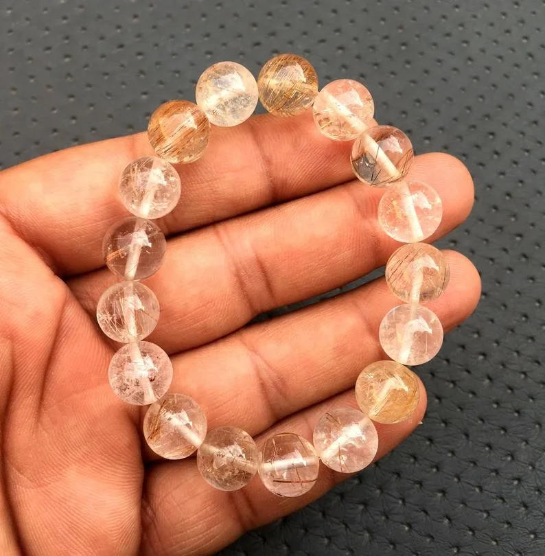 Beautiful Smooth Round Beads Stretch Bracelet Natural Copper Rutile Gemstone Handmade Jewelry Women Cute Gift