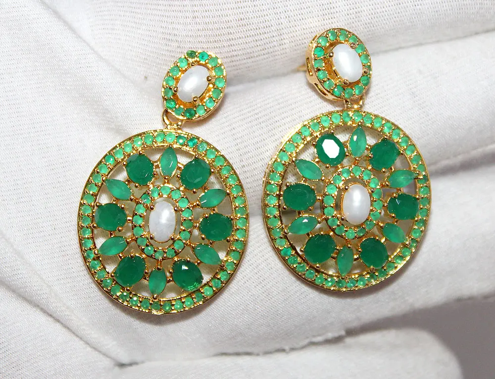Beautiful Natural Emerald And Pearl Gold Plated Earrings, Pendants & Necklace Set Jewelry Wholesale Price