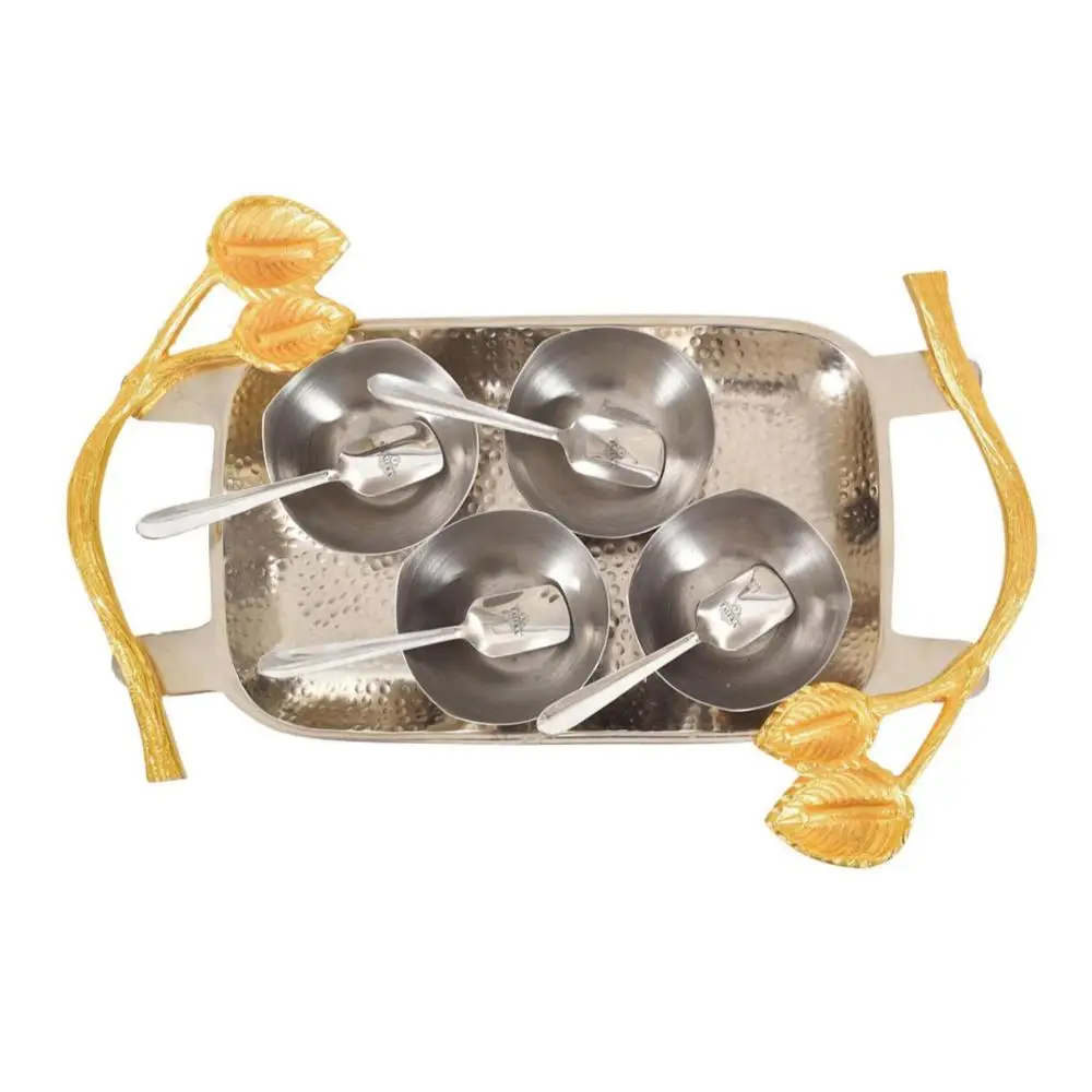 Indian Manufacturer Handicraft 4 Piece Set with Brass Hammered Trey Stainless Steel Ice Cream Bowl