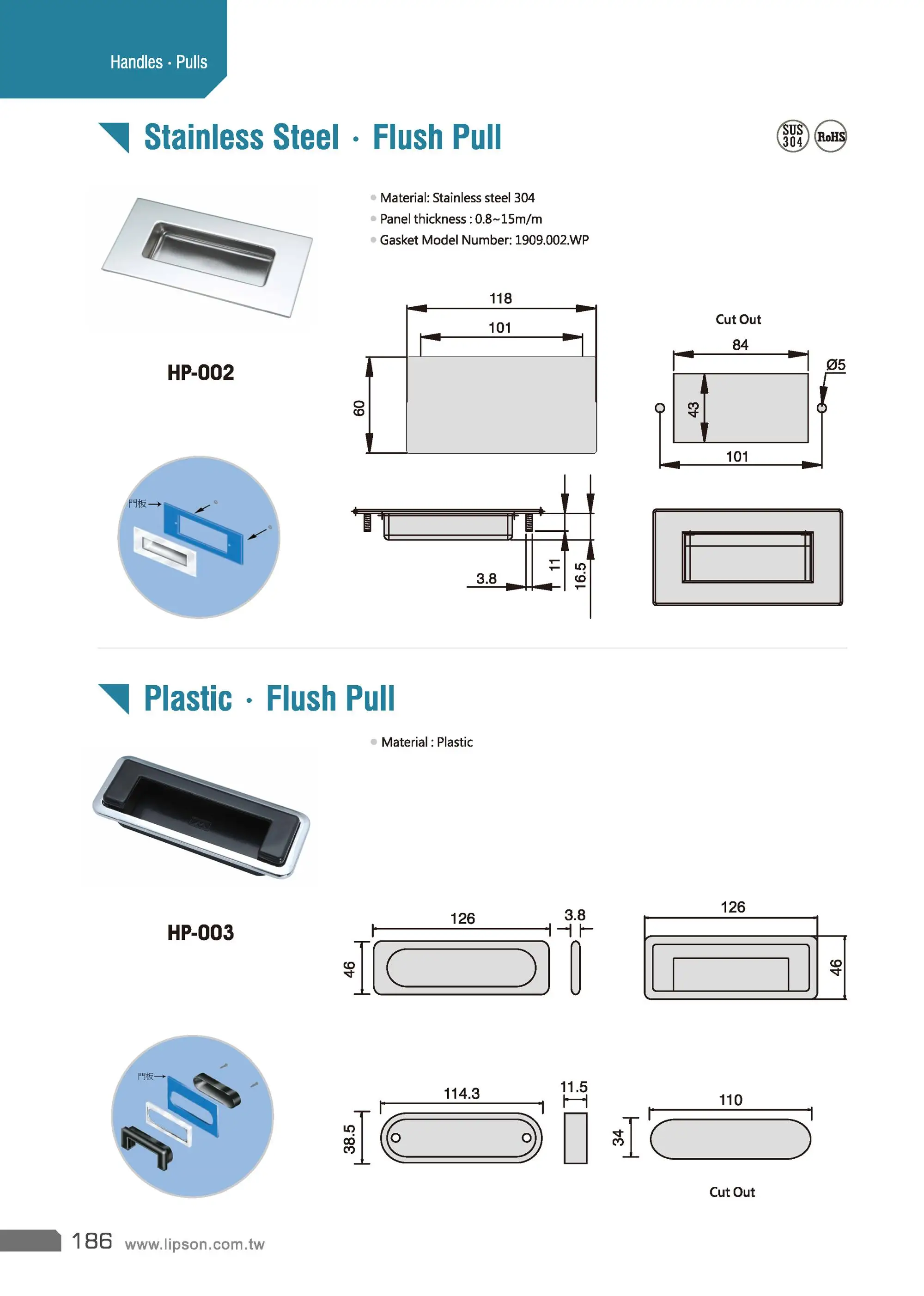 HP-002 Cabinet Drawer Concealed D Flush Grip Hidden Industrial Recessed Stainless Steel Embedded Square Pull Handle