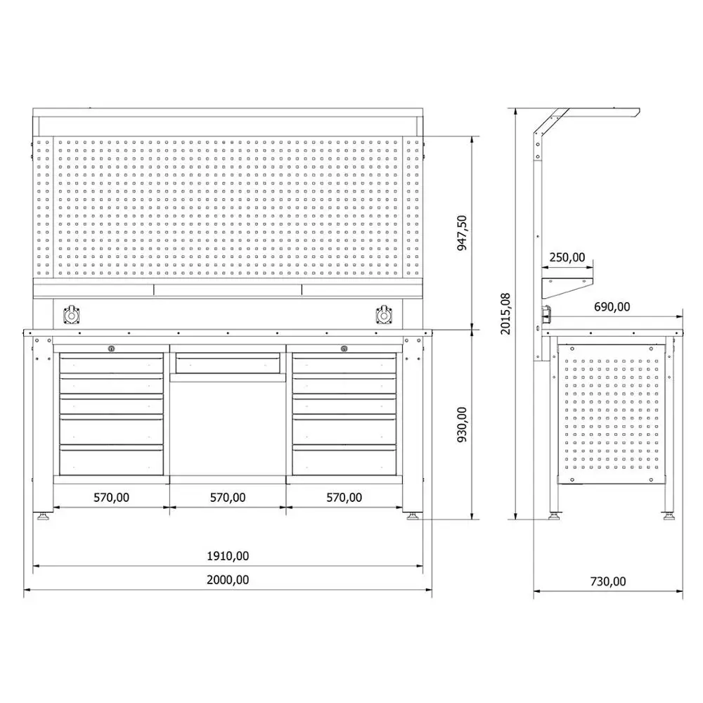 Workbench with drawers and perforated panel