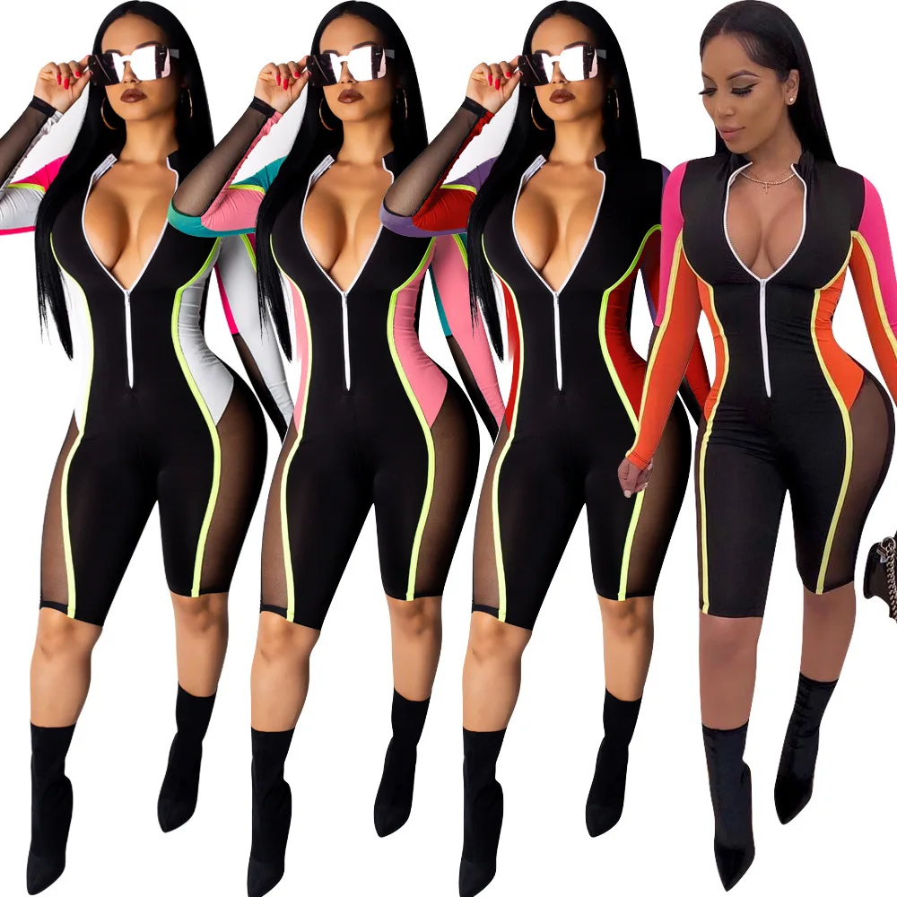 Summer Fashion Women Casual Front Zipper Up Top Short Pants Color Block Patchwork Mesh Spliced Romper Jumpsuit