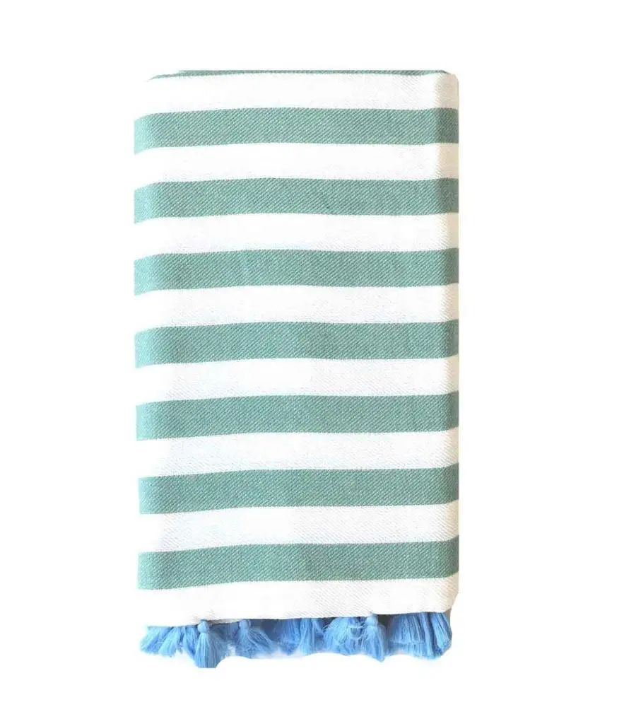 
100% Cotton Beach Candy Turkish Rugby Towels with coloured pom pom tassels 