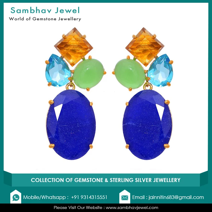 Natural Blue Topaz Gemstone Dangle Earrings Vintage 925 Sterling Silver Handmade 18k Gold Plated Fine Jewelry Wholesale Prices