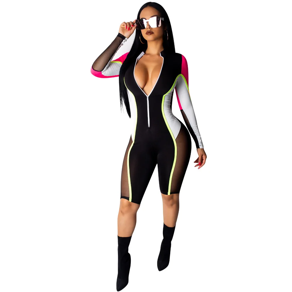 Summer Fashion Women Casual Front Zipper Up Top Short Pants Color Block Patchwork Mesh Spliced Romper Jumpsuit