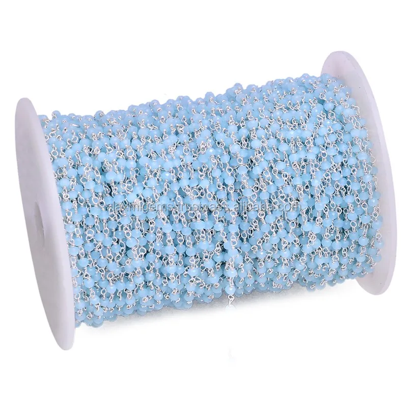 925 Sterling Silver Rosary Chain Blue Chalcedony Gemstone Wire Wrapped Beaded Chain