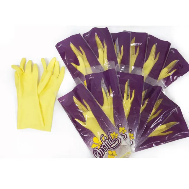 Colored latex gloves made in Malaysia yellow color 17 mil thick household janitorial glass cleaning usage kitchen utensils wash