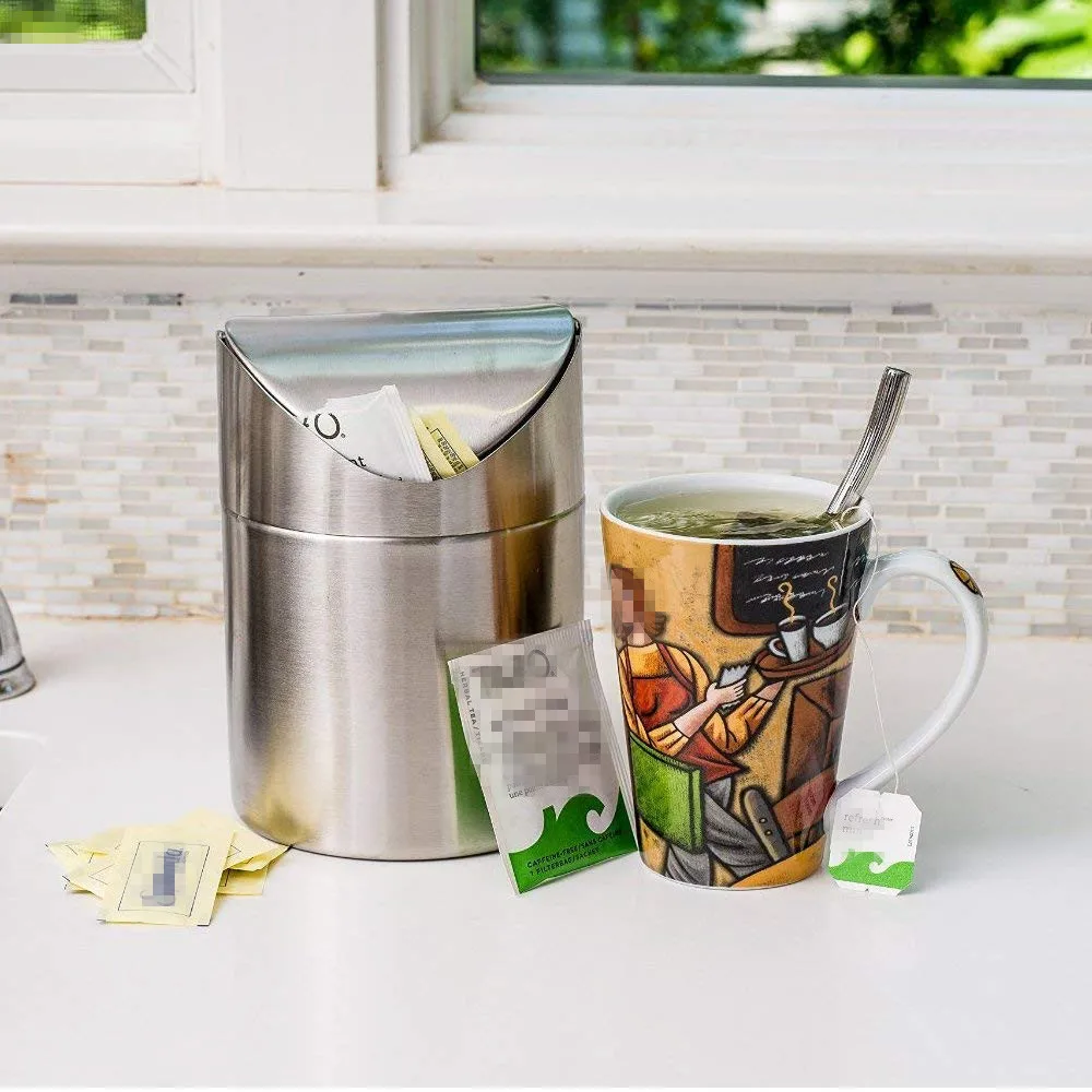 2019 Recycle Small Stainless Steel Creative Trash Can 1.5L  With Swing Lid for Office Bathroom Kitchen Waste Basket