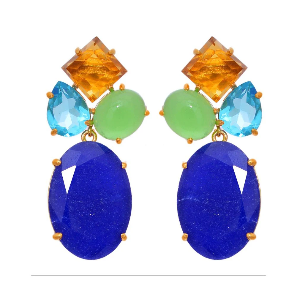 Natural Blue Topaz Gemstone Dangle Earrings Vintage 925 Sterling Silver Handmade 18k Gold Plated Fine Jewelry Wholesale Prices