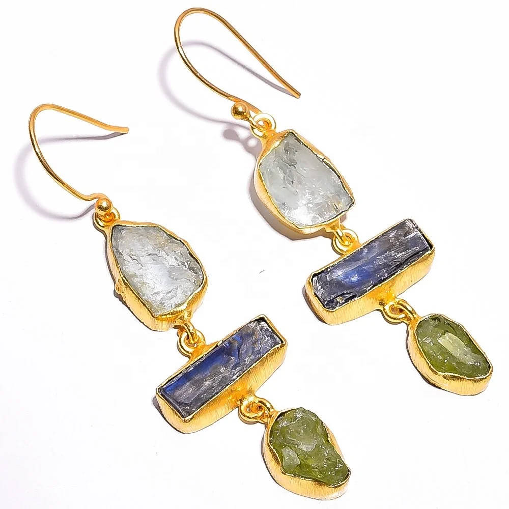 Fabulous Three Stones Fancy Shape Raw Aquamarine Blue Kyanite Gemstone Brass Earrings, Indian Gold Plated Brass Jewelry