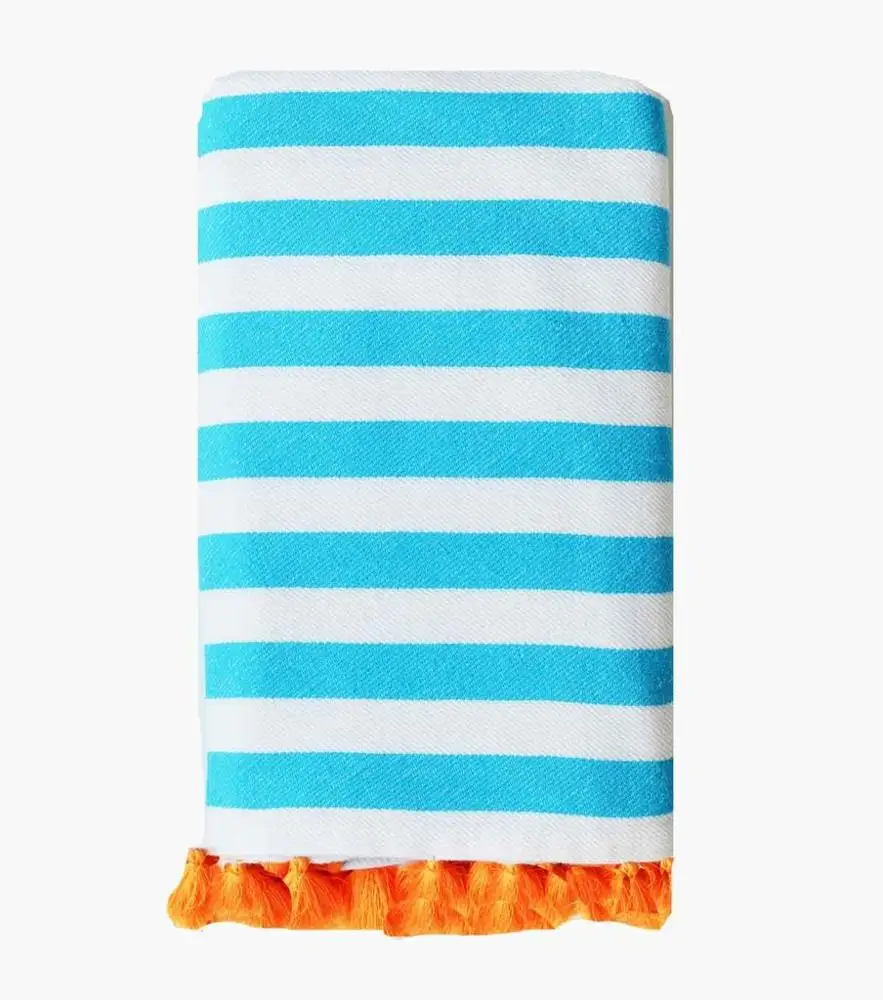 
100% Cotton Beach Candy Turkish Rugby Towels with coloured pom pom tassels 