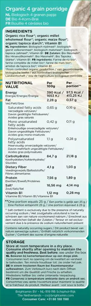 
Brightamin Bio Organic 4 Grains Porridge (Gluten Free ready to mix with water or milk) 