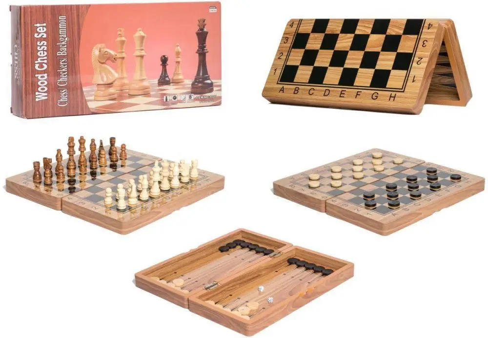 
Wooden Folding 3 in 1 Game Contemporary Chess Set Board Game Checkers Backgammon New 