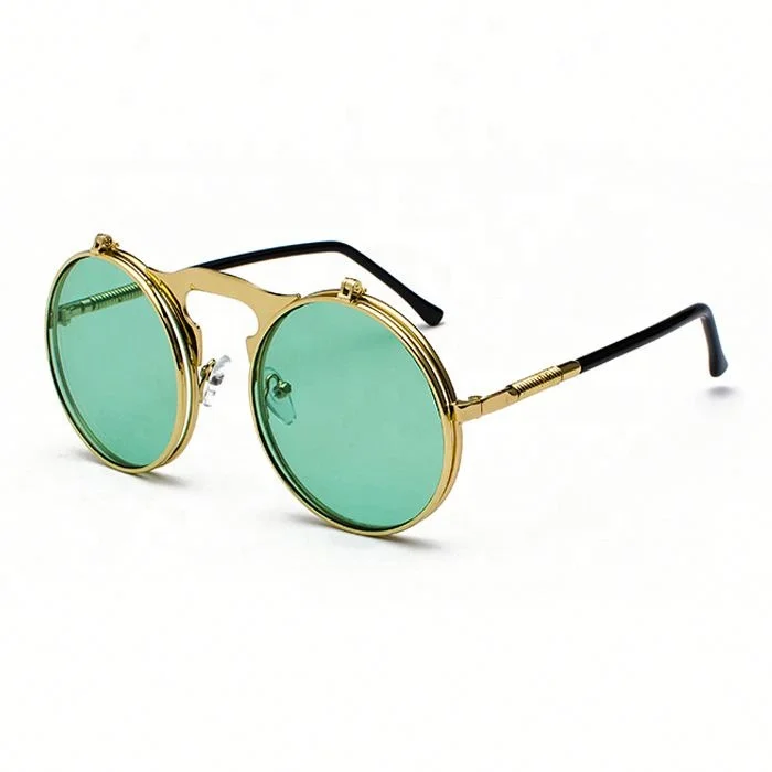 New style custom logo circle rockpunk steampunk double retro metal frame flip lens steam punk round sunglasses