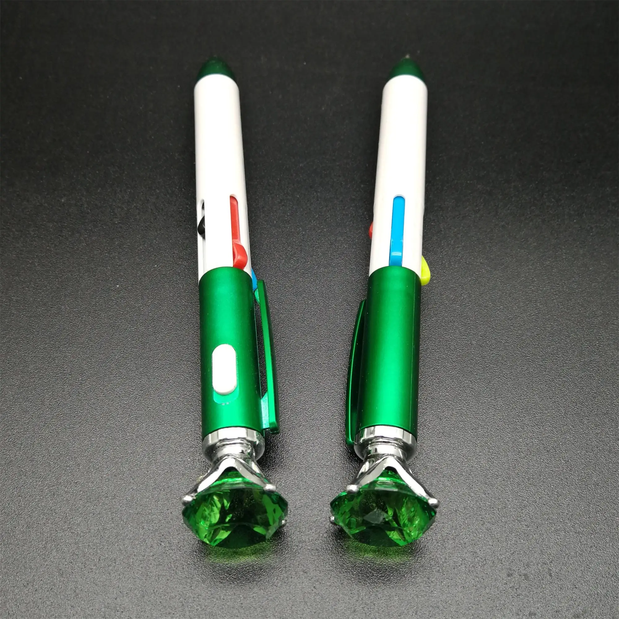 Plastic Promotional 4-color click action diamond ballpen with LED light with bling stone
