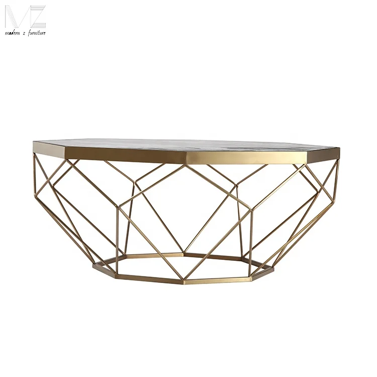Modern Living Room Octagon Diamond Marble Top Gold Metal Frame Wired Center Coffee Table