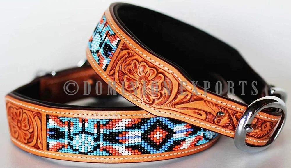 Genuine Leather Dog Collar Hand-tooled Beaded Dog Collar Rhinestone Dog Puppy Collar Crystal