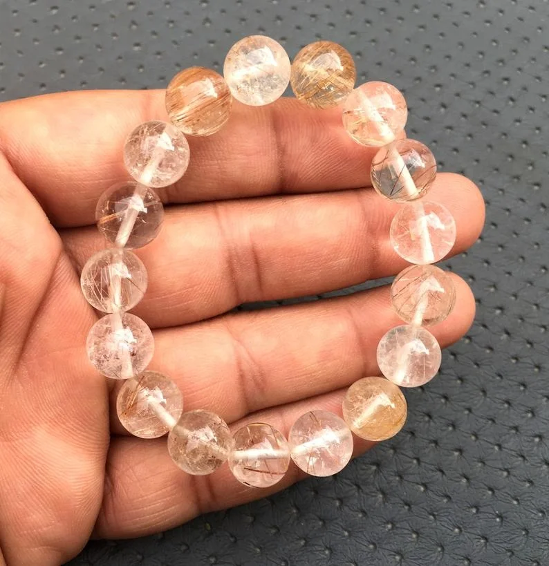 Beautiful Smooth Round Beads Stretch Bracelet Natural Copper Rutile Gemstone Handmade Jewelry Women Cute Gift