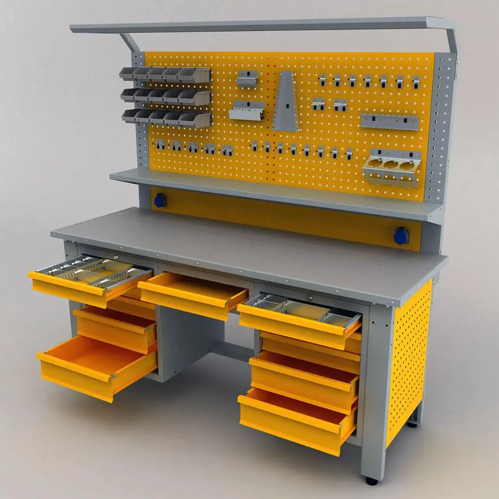 Workbench with drawers and perforated panel