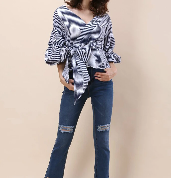 Womens Clothing 2018 Wrap blue Women Blouse