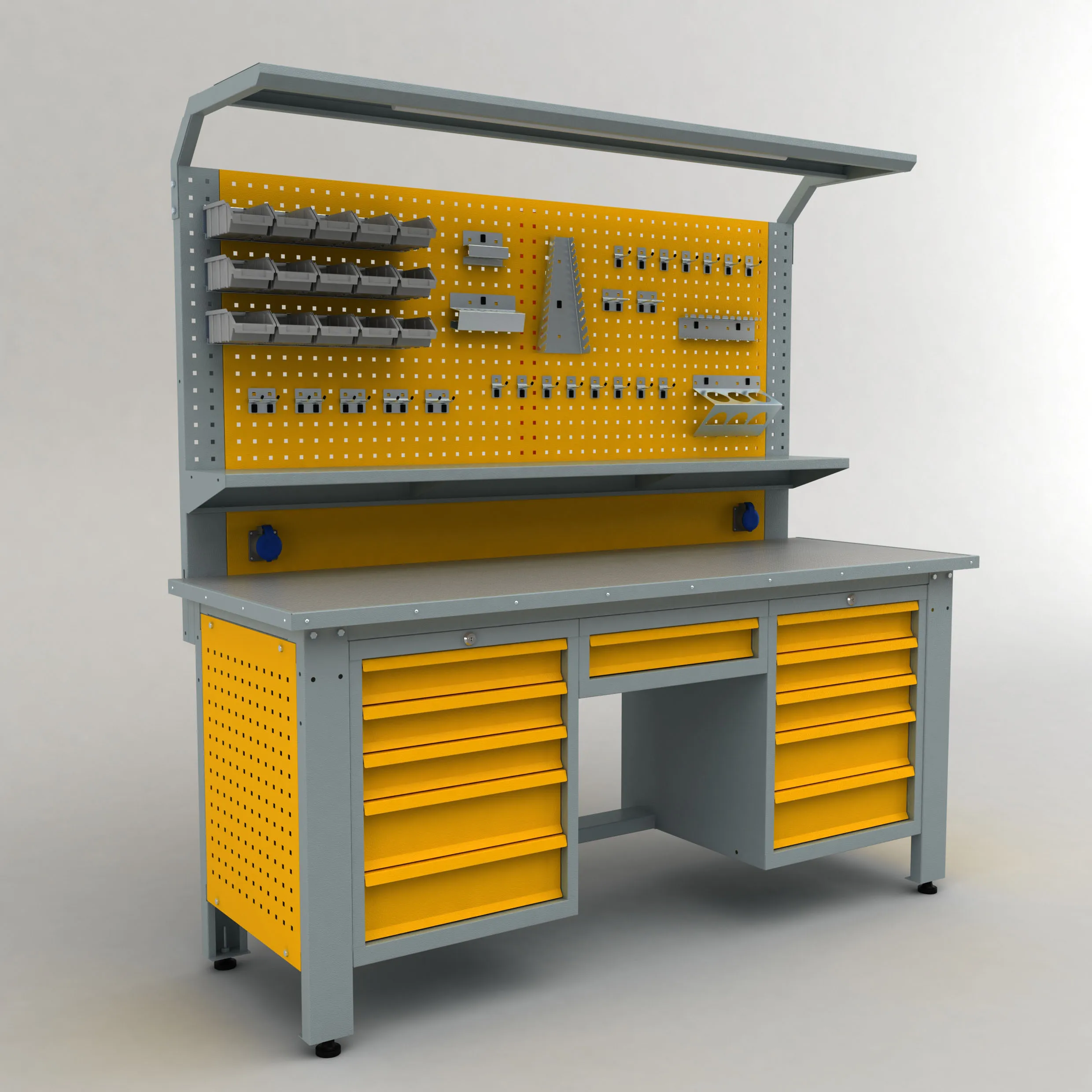 Workbench with drawers and perforated panel