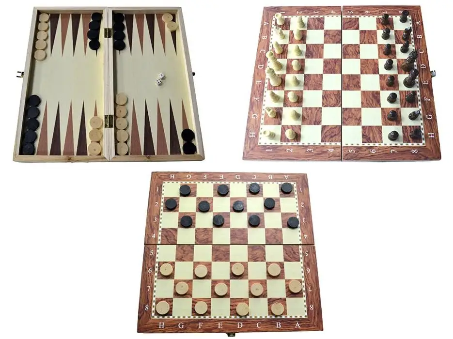 
Wooden Folding 3 in 1 Game Contemporary Chess Set Board Game Checkers Backgammon New 