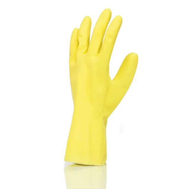 Colored latex gloves made in Malaysia yellow color 17 mil thick household janitorial glass cleaning usage kitchen utensils wash