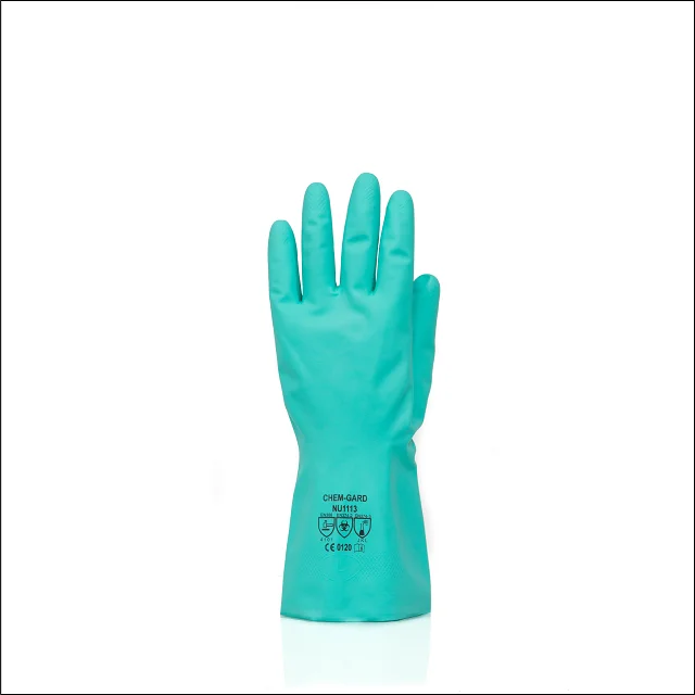 Flocklined CE UKCA tested green safety gloves, high chemical & oil resistant nitrile gloves , work gloves for industry use