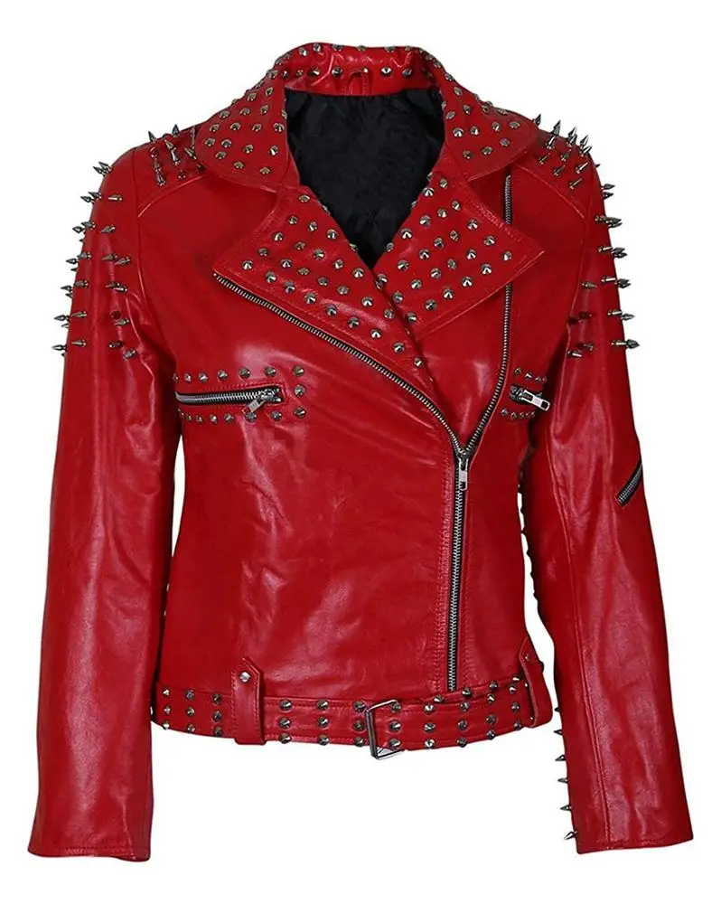 Red Cafe Racer Brando Punk Studded Biker Red Motorcycle beautiful Red Color Leather Jackets