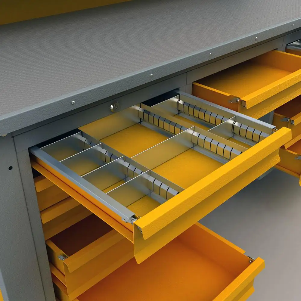 Workbench with drawers and perforated panel