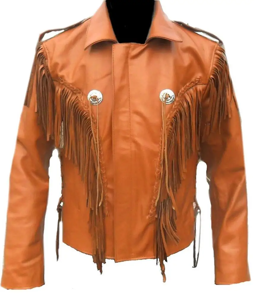 New Men Brown Suede Western Cowboy Style Leather Jacket With Bones and Breads Custom Logo