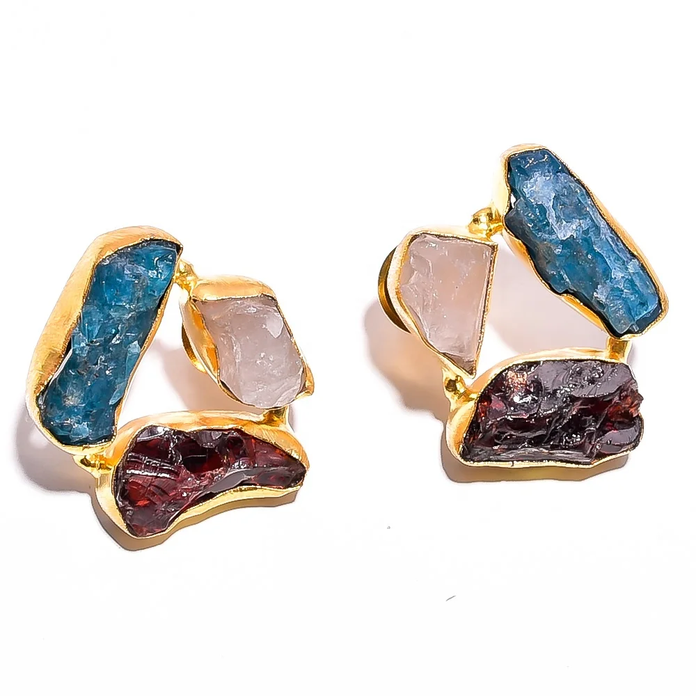 Ultimate Three Stone Fancy Shape Raw Neon Apatite Garnet Gemstone Brass Earrings, Indian Gold Plated Brass Jewelry