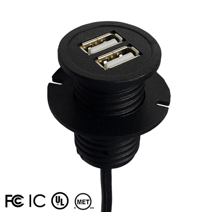 Round USB Extension Dual Charging Port Power Cord Embedded on Furniture