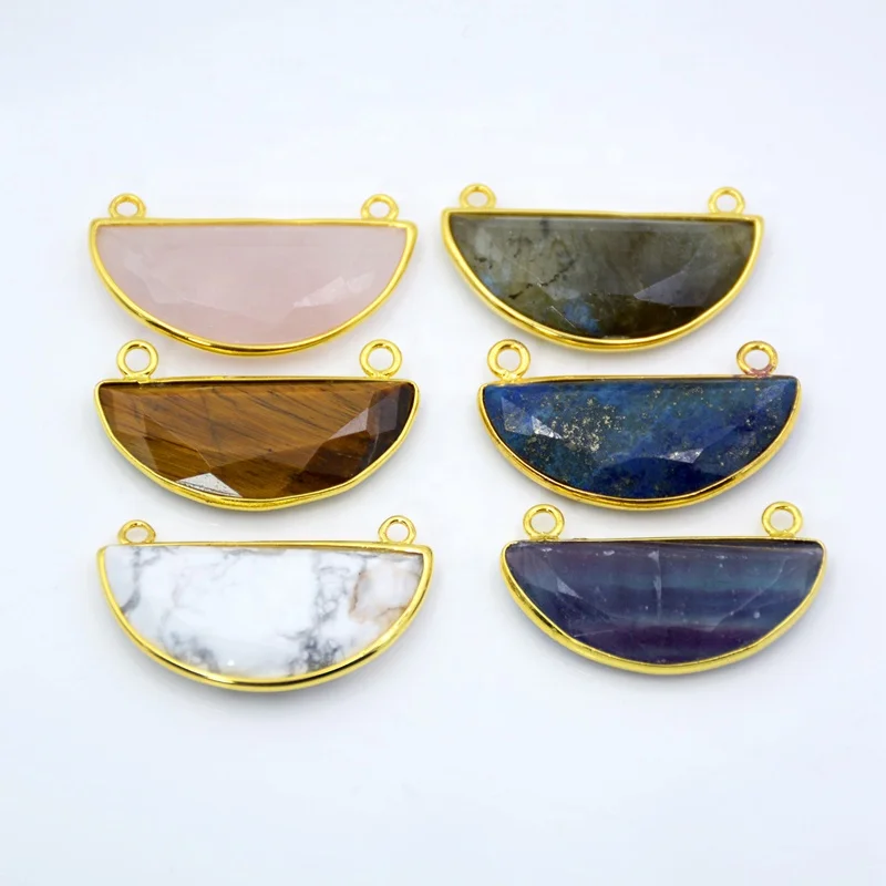 Gold bezel Pendants half round Labradorite Pendant Charms howlite fluorite rose Quartz Druzy Beads with Double Bails